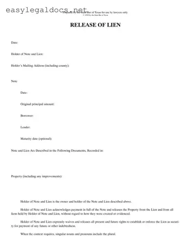 Download Release Of Lien Texas Form