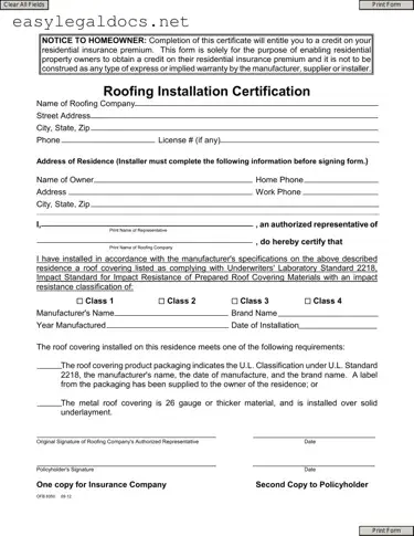 Download Roofing Certificate Form