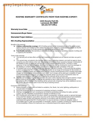 Download Roofing Warranty Certificate Form