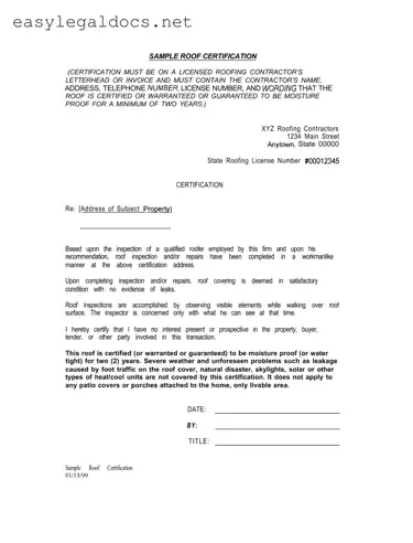 Download Sample Roof Certification Form