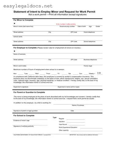 Download Statement of Intent to Employ Minor and Request for Work Permit Form