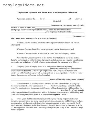 Download Tattoo Shop Artist Agreement Form