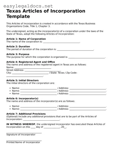Blank  Articles of Incorporation Form for Texas