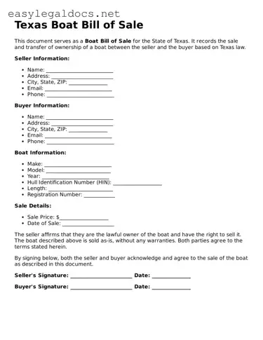 Blank  Boat Bill of Sale Form for Texas