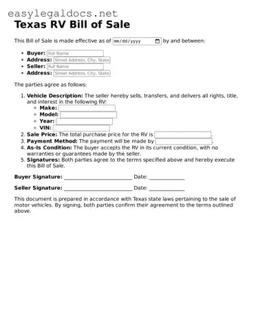 Blank  RV Bill of Sale Form for Texas