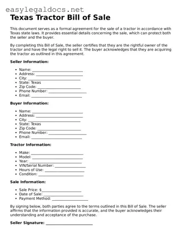 Blank  Tractor Bill of Sale Form for Texas