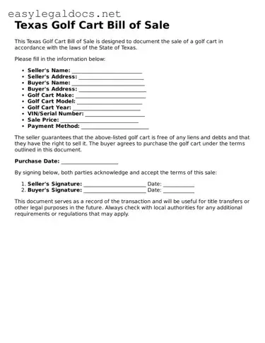 Blank  Golf Cart Bill of Sale Form for Texas