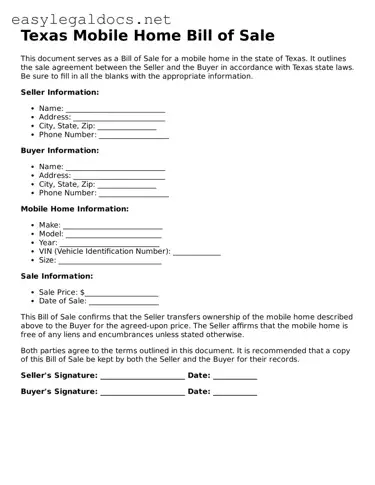 Blank  Mobile Home Bill of Sale Form for Texas
