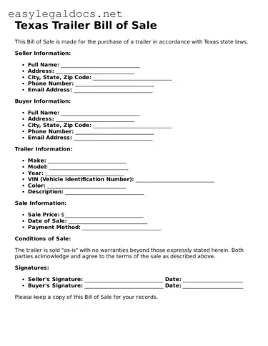 Blank  Trailer Bill of Sale Form for Texas