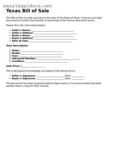 Blank  Bill of Sale Form for Texas