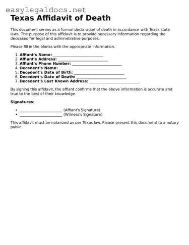 Blank  Affidavit of Death Form for Texas