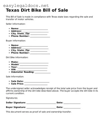 Blank  Dirt Bike Bill of Sale Form for Texas