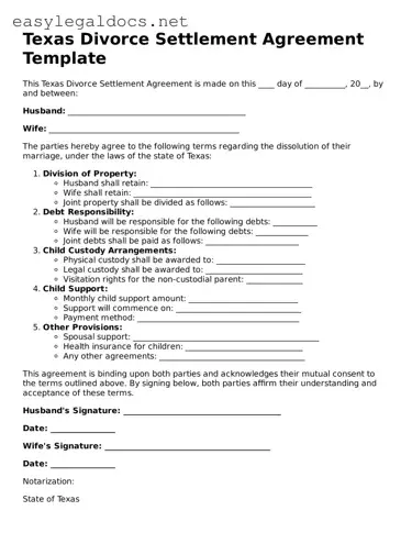 Blank  Divorce Settlement Agreement Form for Texas