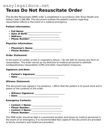 Blank  Do Not Resuscitate Order Form for Texas