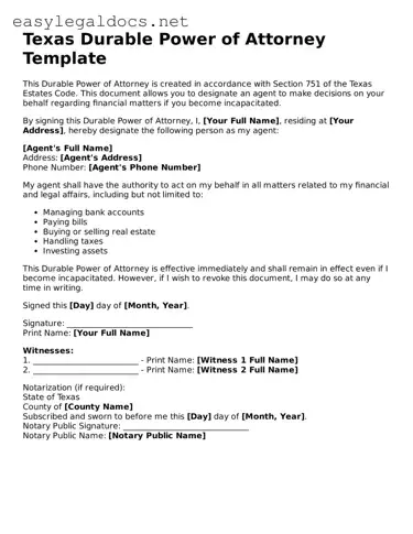 Blank  Durable Power of Attorney Form for Texas