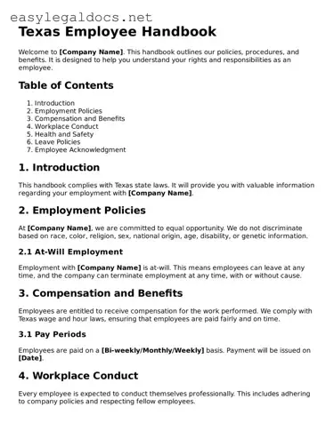 Blank  Employee Handbook Form for Texas