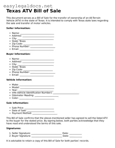 Blank  ATV Bill of Sale Form for Texas
