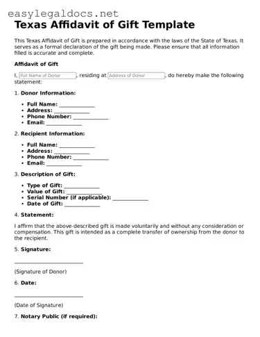 Blank  Affidavit of Gift Form for Texas