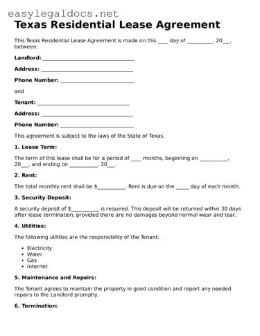 Blank  Residential Lease Agreement Form for Texas
