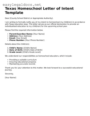 Blank  Homeschool Letter of Intent Form for Texas