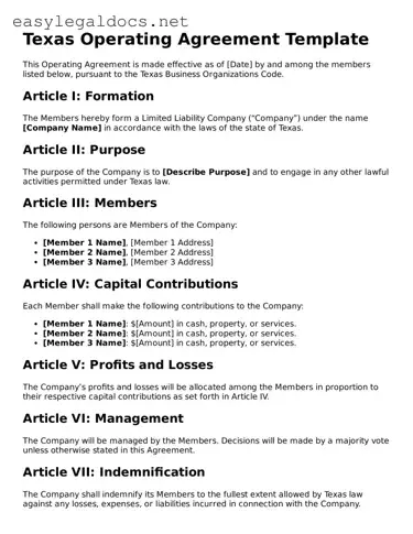 Blank  Operating Agreement Form for Texas