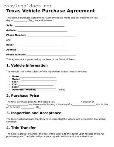 Blank  Vehicle Purchase Agreement Form for Texas