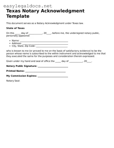 Blank  Notary Acknowledgement Form for Texas
