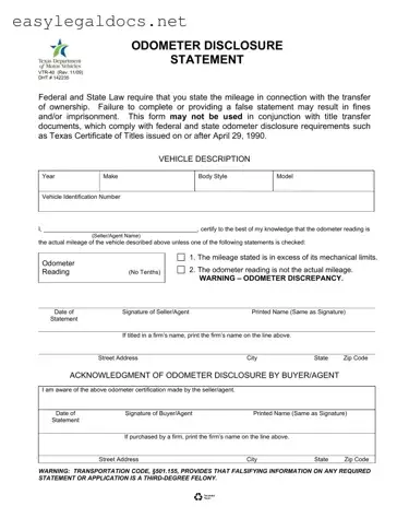 Download Texas Odometer Statement Form
