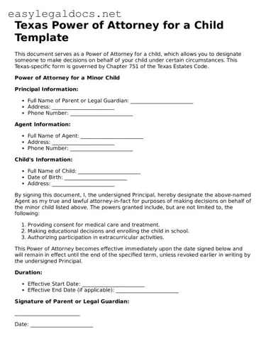 Blank  Power of Attorney for a Child Form for Texas