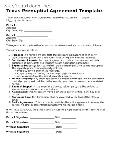 Blank  Prenuptial Agreement Form for Texas