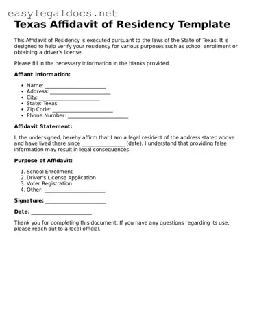 Blank  Affidavit of Residency Form for Texas