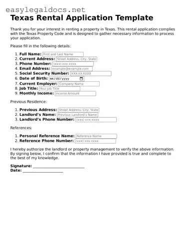 Blank  Rental Application Form for Texas