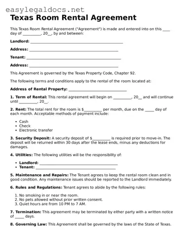 Blank  Room Rental Agreement Form for Texas