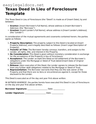 Blank  Deed in Lieu of Foreclosure Form for Texas