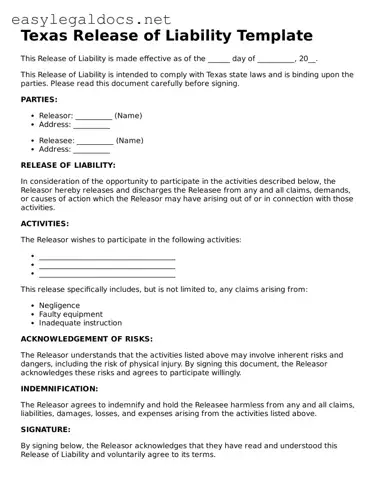 Blank  Release of Liability Form for Texas