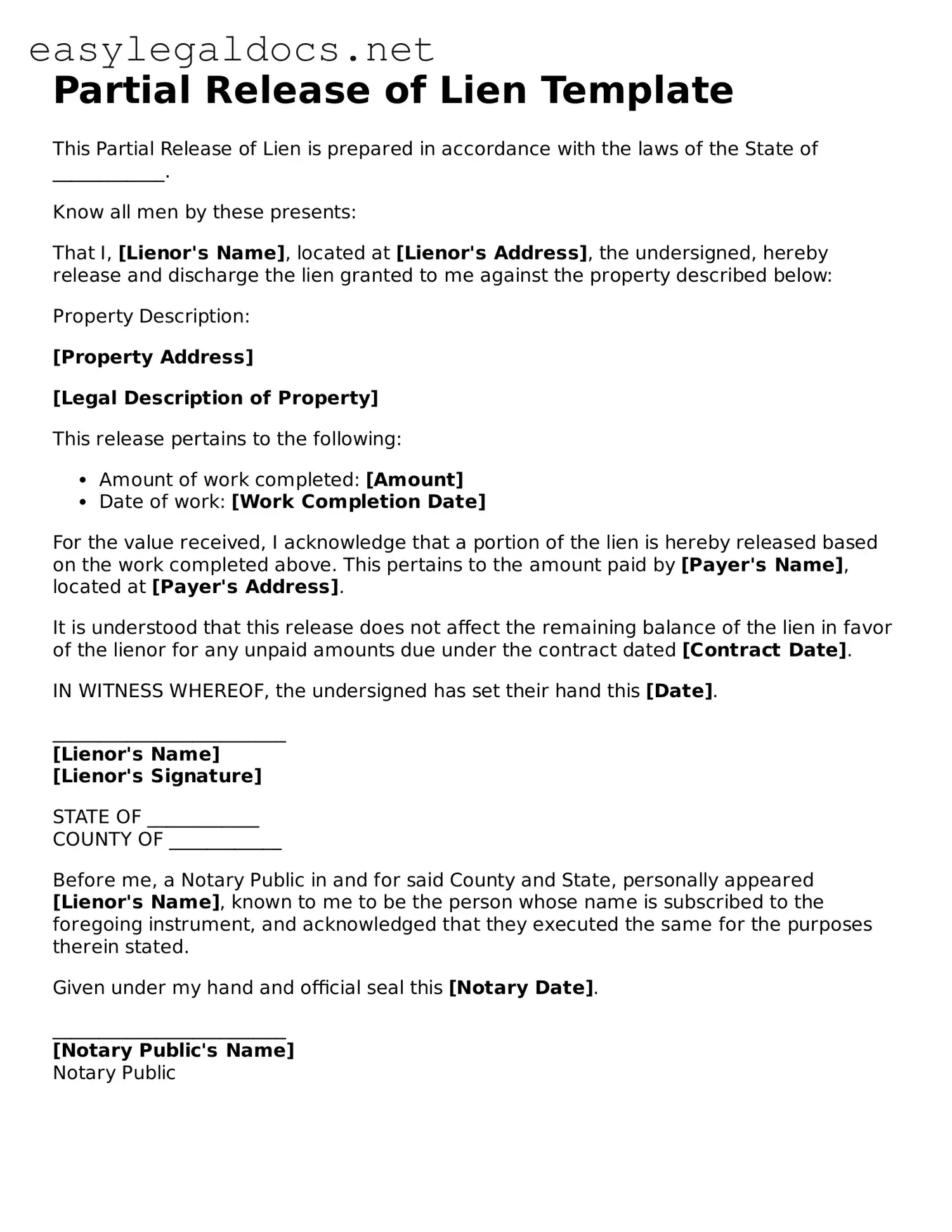 Printable Partial Release of Lien Form
