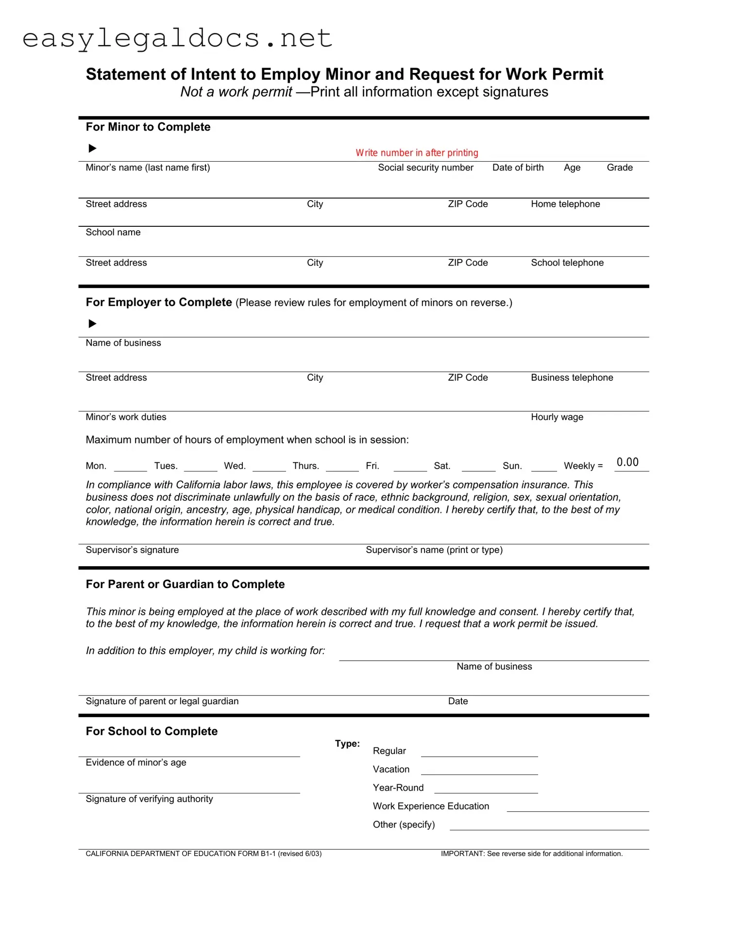 Download Statement of Intent to Employ Minor and Request for Work Permit Form
