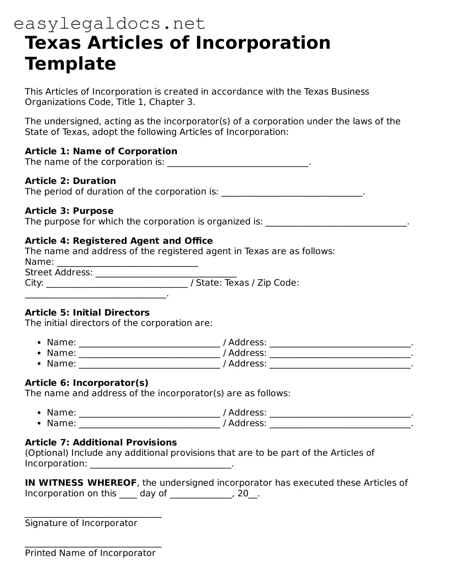 Blank  Articles of Incorporation Form for Texas