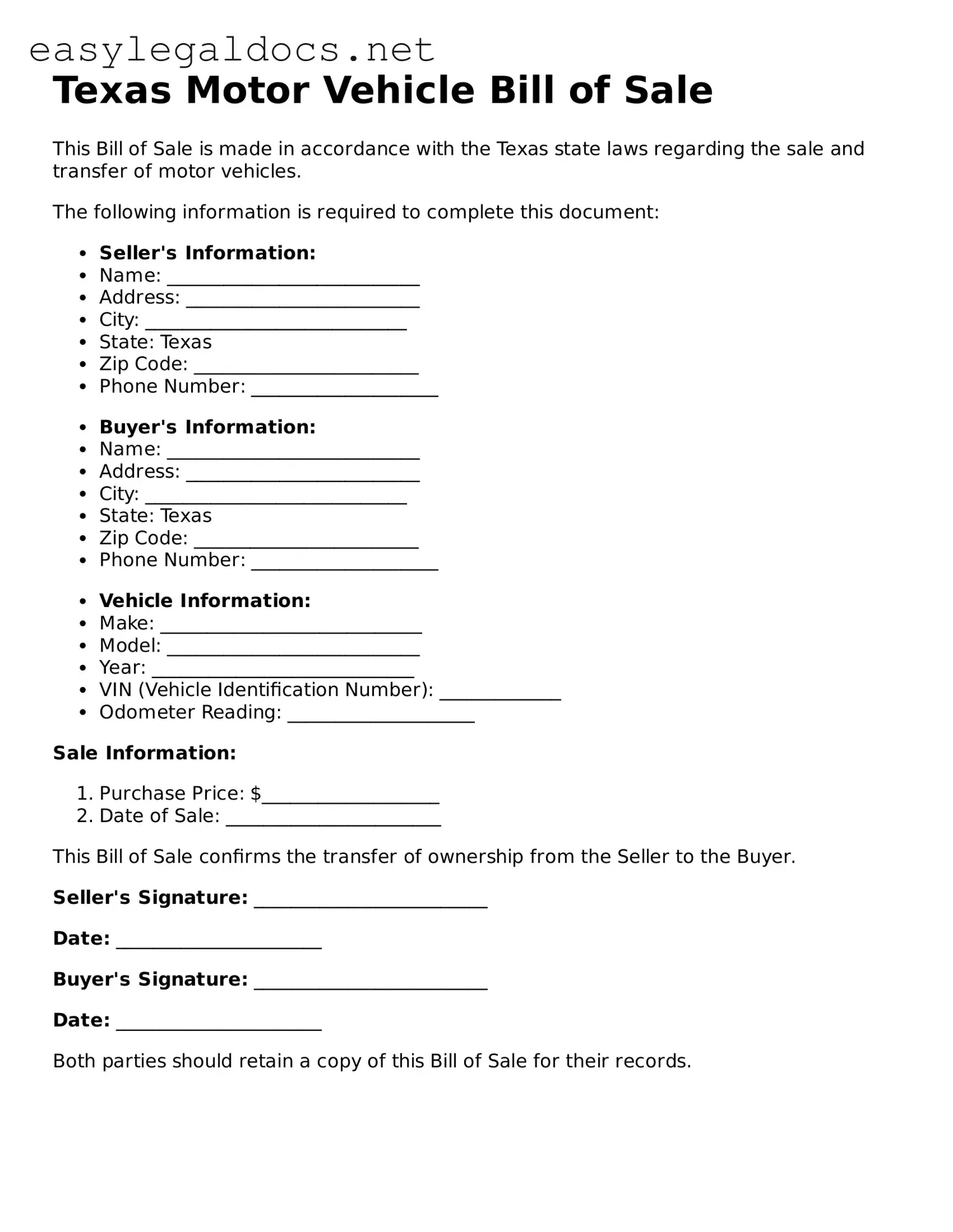 Blank  Motor Vehicle Bill of Sale Form for Texas