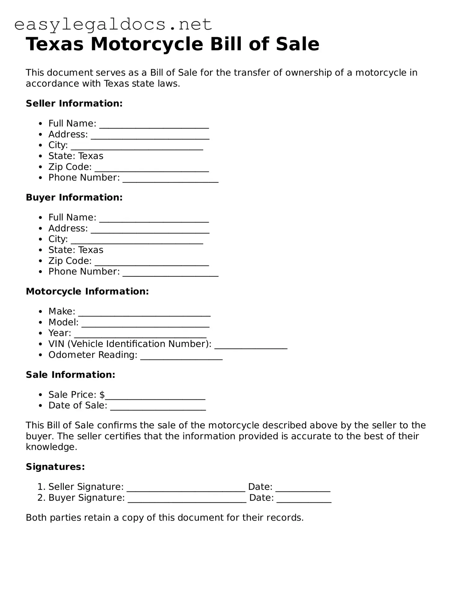 Blank  Motorcycle Bill of Sale Form for Texas