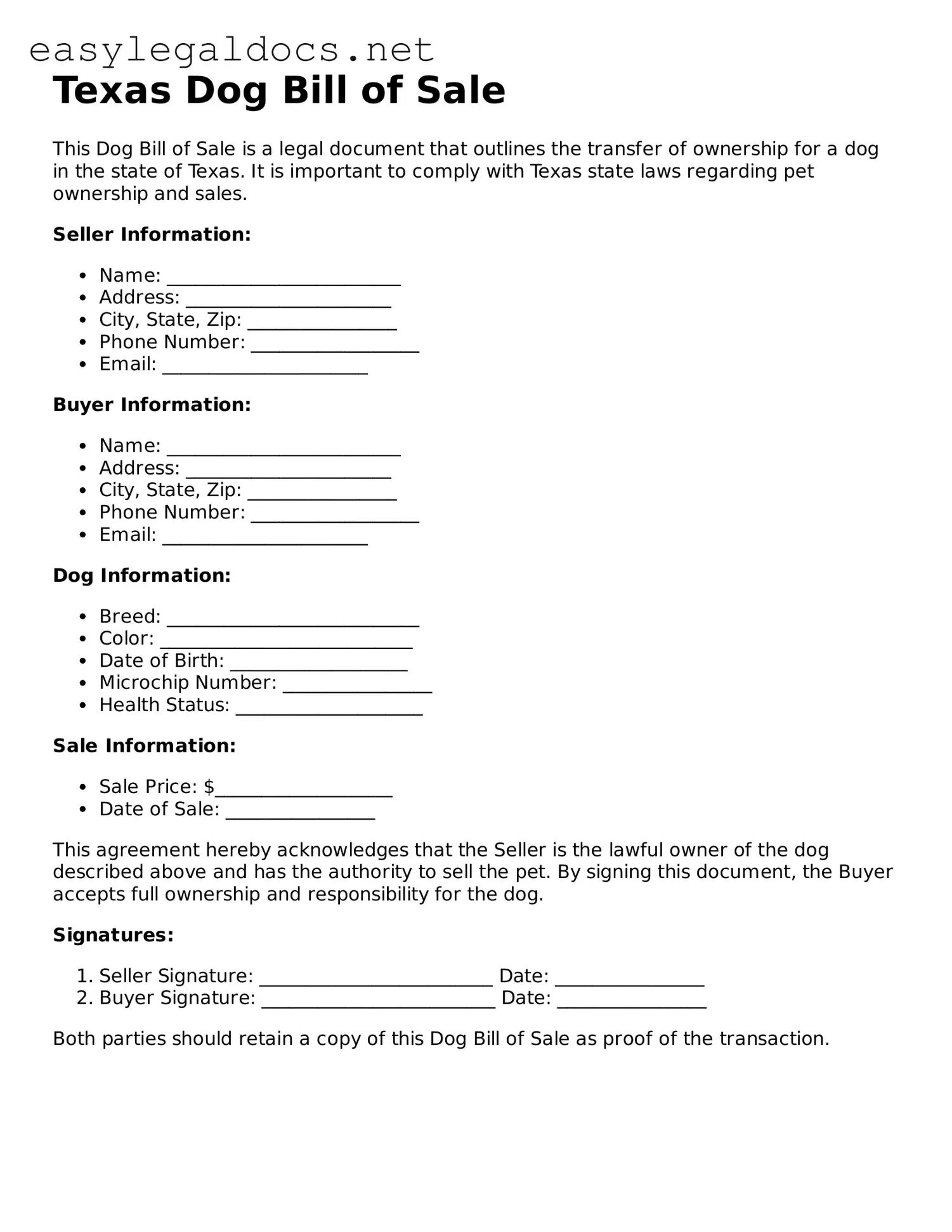 Blank  Dog Bill of Sale Form for Texas