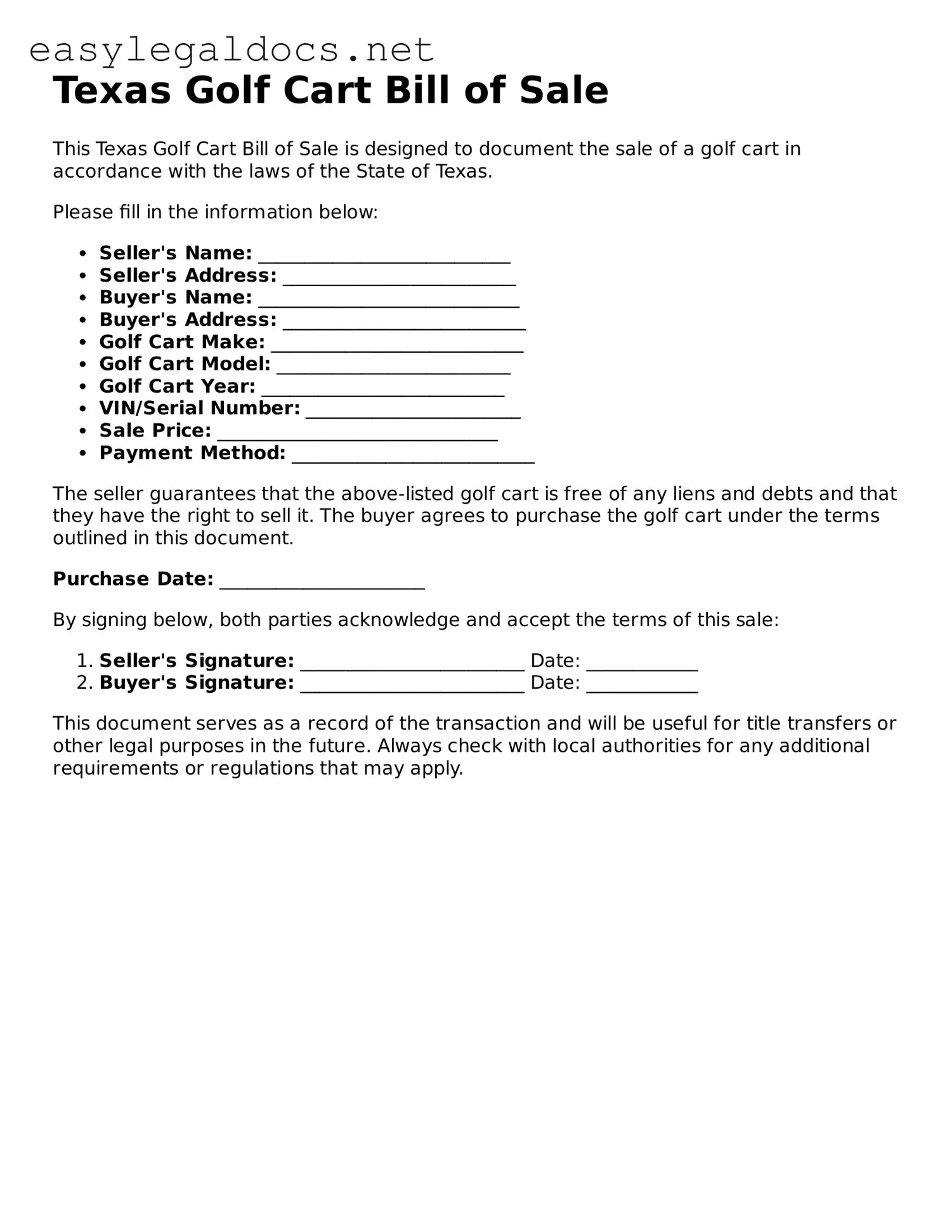 Blank  Golf Cart Bill of Sale Form for Texas