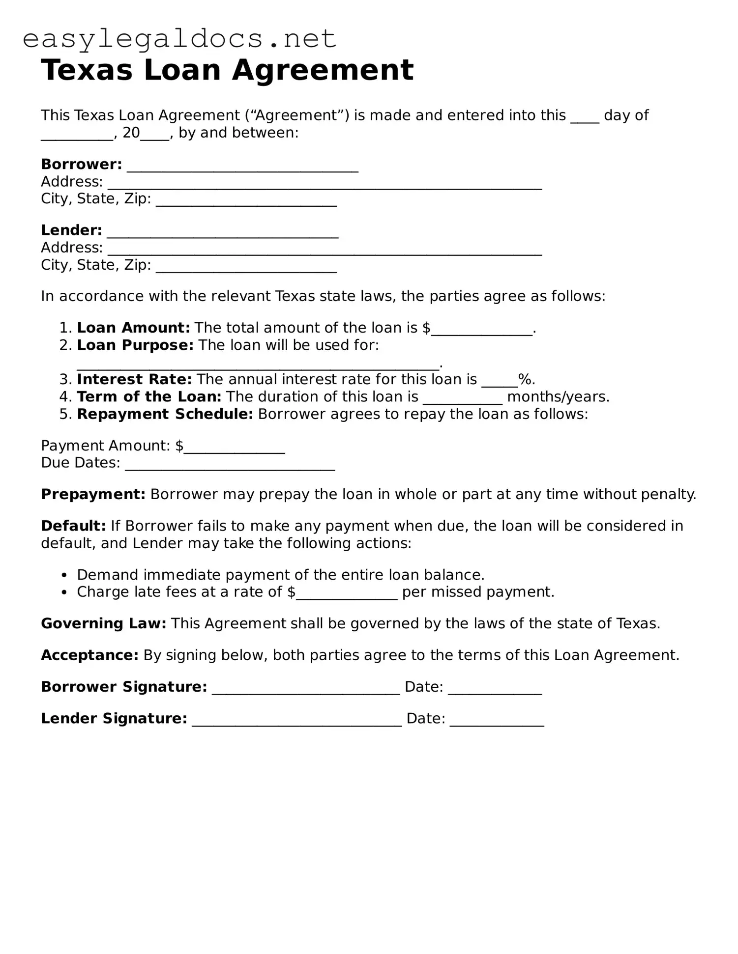 Blank  Loan Agreement Form for Texas