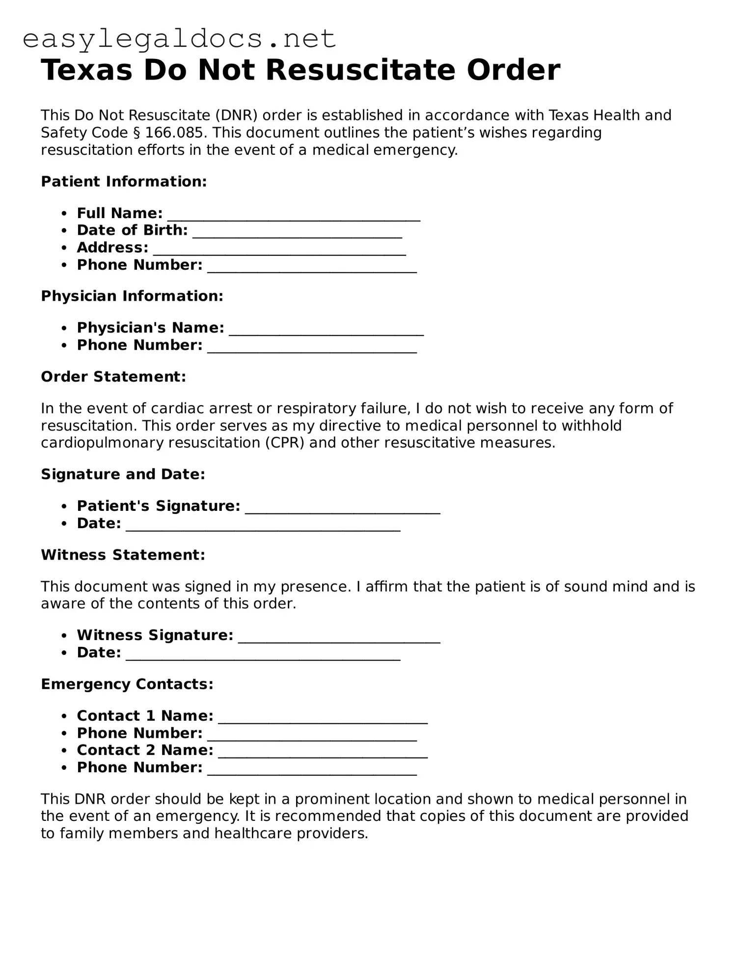 Blank  Do Not Resuscitate Order Form for Texas
