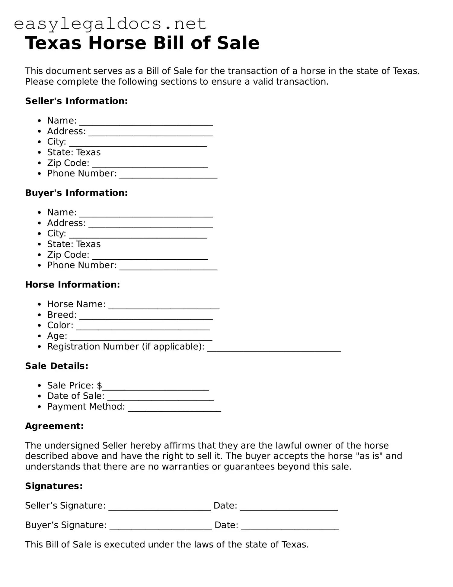 Blank  Horse Bill of Sale Form for Texas