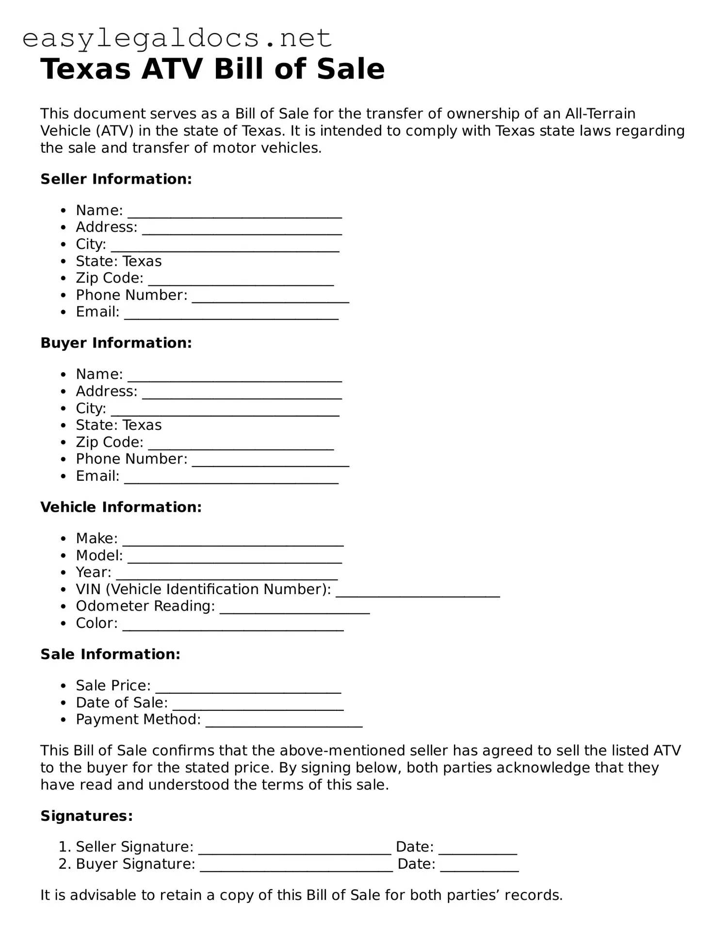 Blank  ATV Bill of Sale Form for Texas