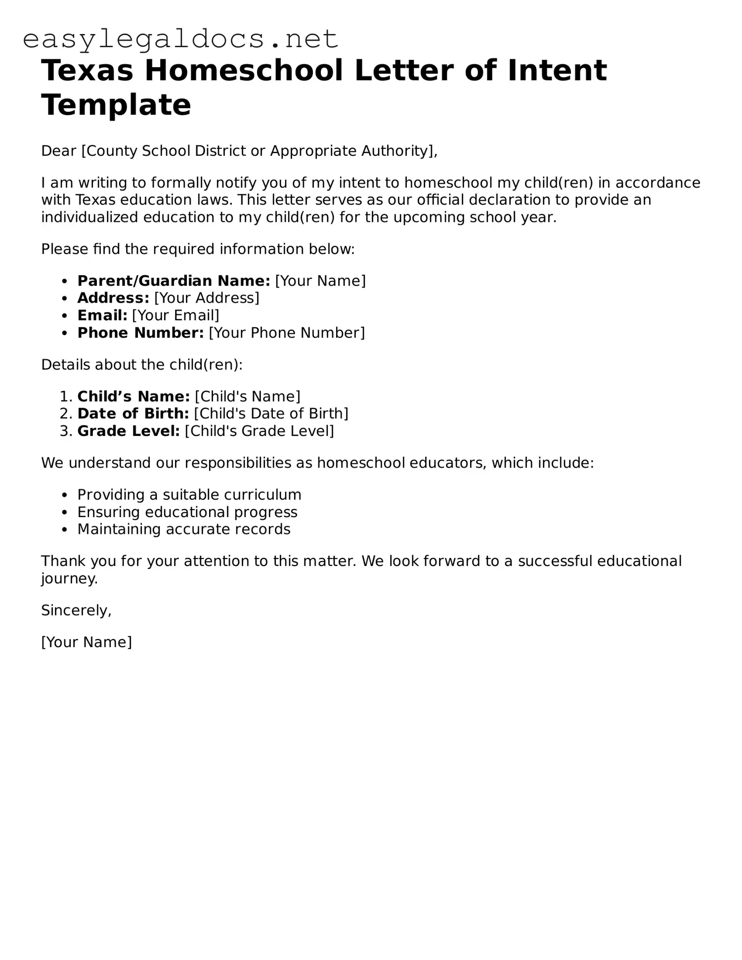 Blank  Homeschool Letter of Intent Form for Texas