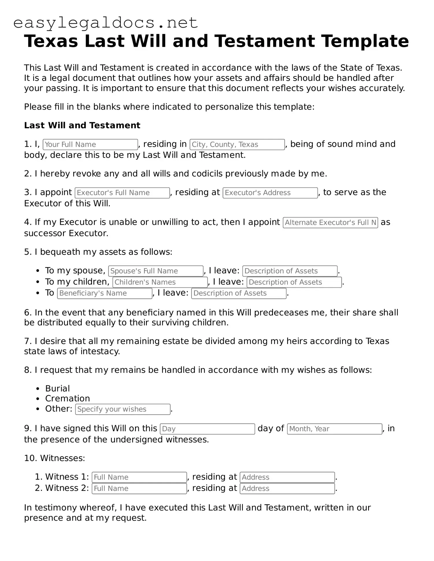 Blank  Last Will and Testament Form for Texas
