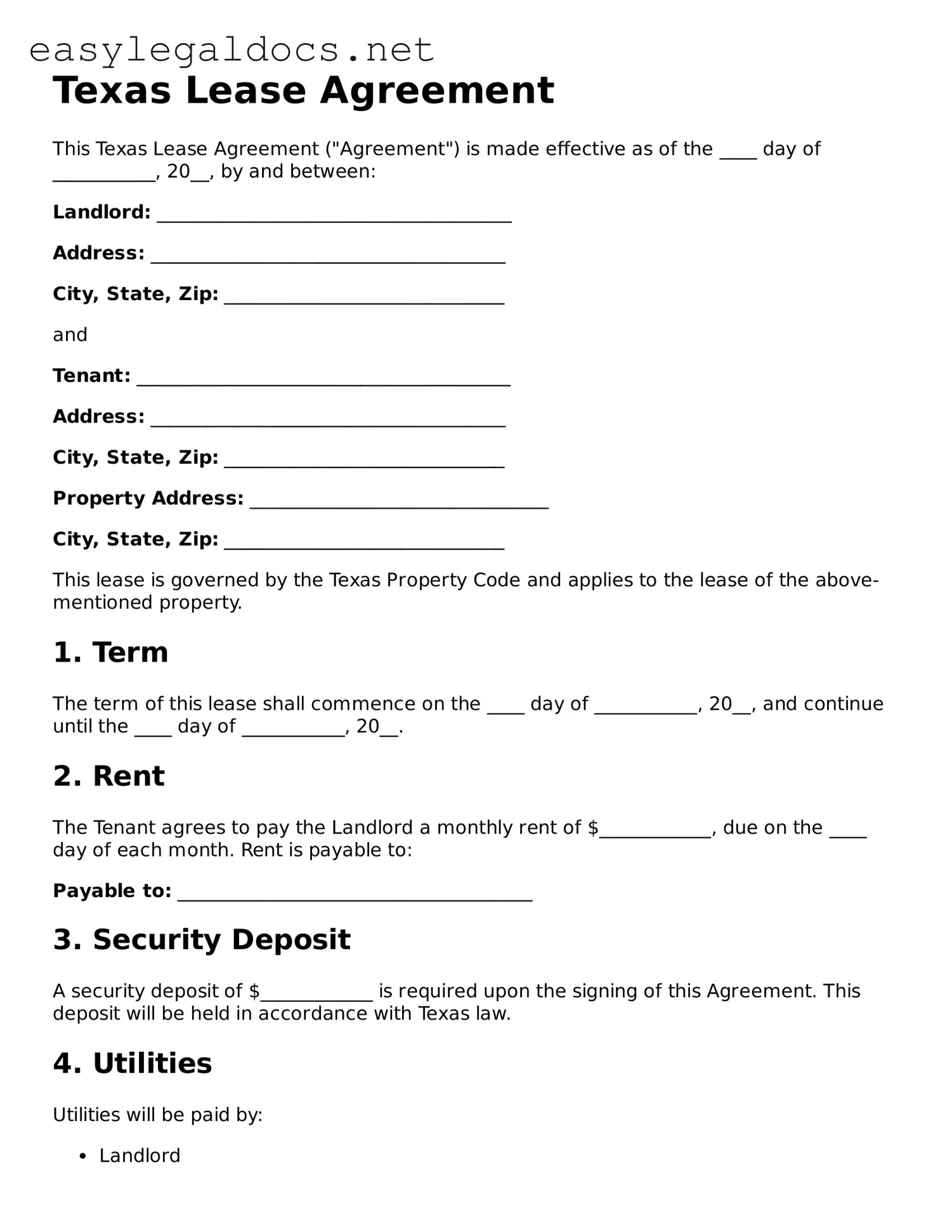 Blank  Lease Agreement Form for Texas