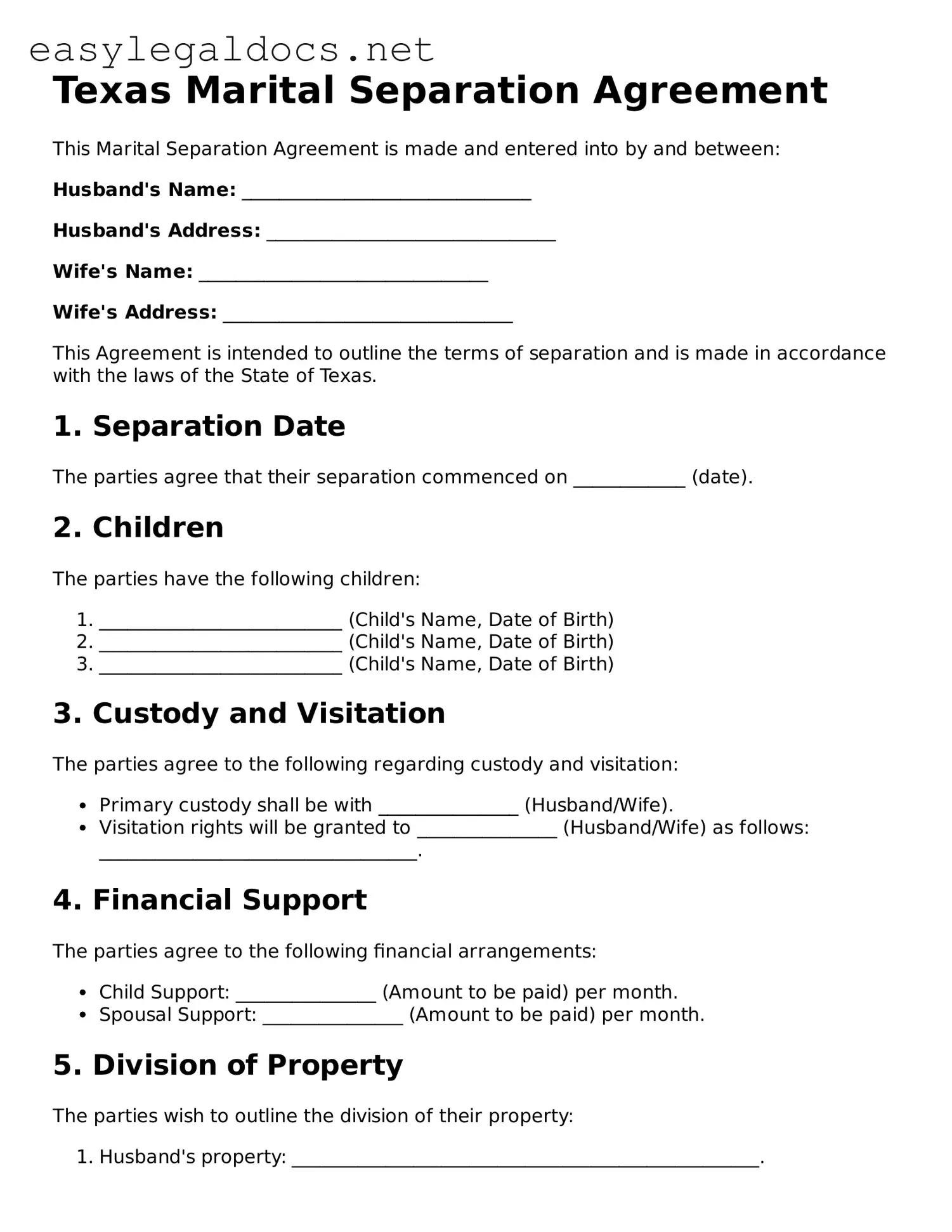 Blank  Marital Separation Agreement Form for Texas